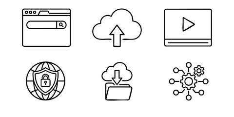 Digital icons representing various online concepts and services are displayed on a clean white background.