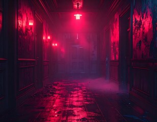 Hallway illuminated by eerie red lights, creating a spooky, atmospheric view down a seemingly endless passage