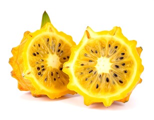 Halved kiwano melon with spiky yellow rind reveals golden pulp speckled with dark seeds on a white background
