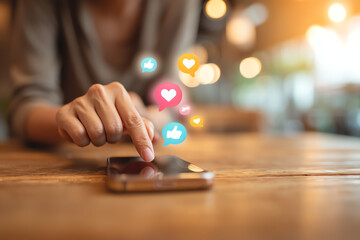 A person interacting with a smartphone, surrounded by colorful social media icons representing likes and hearts, set against a cozy, blurred background.