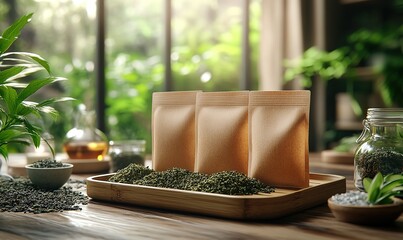 Green tea branding concept with brown kraft pouches and loose tea leaves