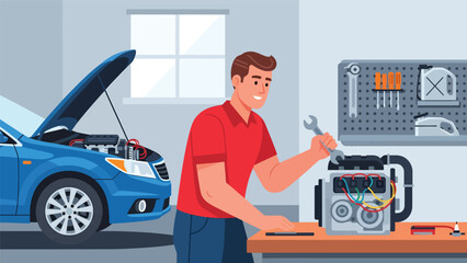 Vector illustration of a mechanic or car enthusiast tuning a generic engine on a workbench, automotive hobby and mechanical passion in flat vector style