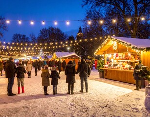 Obraz premium Festive Winter Wonderland - A Charming Christmas Market Scene at Dusk with Lights.