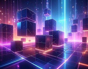 Cubes float above a neon grid, bathed in purple, pink, and blue light with ethereal vertical streams