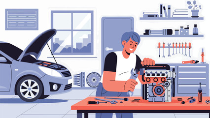 Vector illustration of a mechanic or car enthusiast tuning a generic engine on a workbench, automotive hobby and mechanical passion in flat vector style