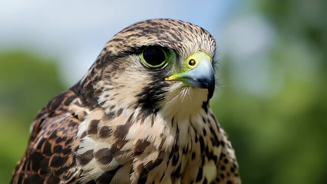 Close-up of a beautiful falcon with detailed feathers and sharp eyes.