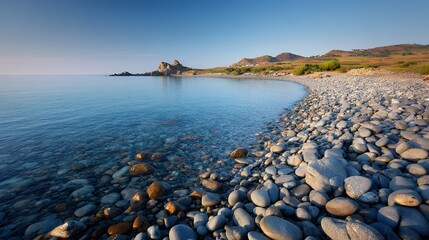 Tranquil pebble shoreline by clear blue sea with distant rocky headland