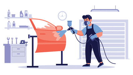 Flat vector illustration of a mechanic person painting a car panel in a workshop, automotive customization hobby with protective gear and solid color style