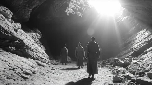 Group of men in long coats entering a dimly lit cave. Silhouetted figures walking toward bright light at entrance. Mysterious underground adventure and exploration sequence