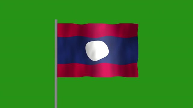 Flag of Laos, Pole flag of Laos on Green screen chroma key, Laos 3D Animation flag waving in the wind isolated on Green Background. 
