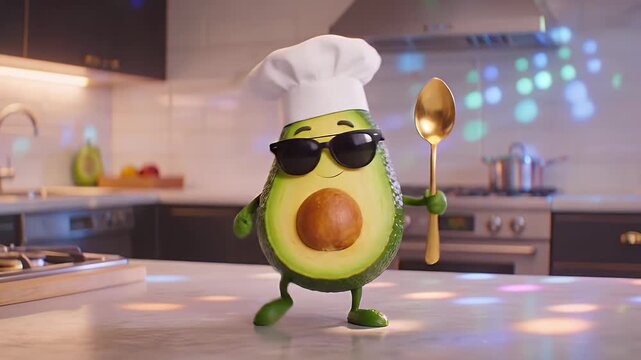 A fun cartoon avocado character wearing a chef's hat and sunglasses, holding a golden spoon in a modern kitchen with disco lights.