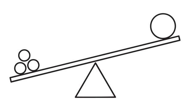 Balance scale with weights on a seesaw isolated on white background