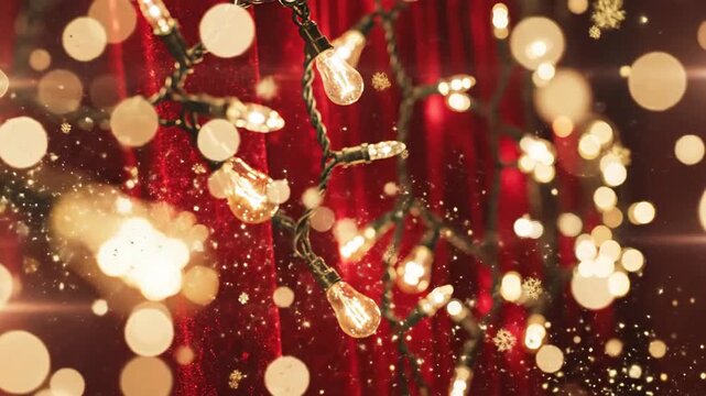 Close up of string lights against a red backdrop for festive and celebratory concepts
