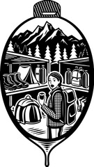 Outdoor Enthusiast Browsing Camping Gear with Coffee