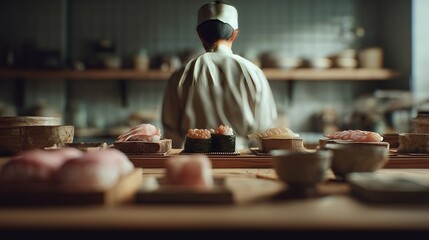 A sushi chef in focus prepares a diverse platter of fresh sushi, highlighting traditional Japanese cuisine in a restaurant setting.