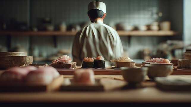 A sushi chef in focus prepares a diverse platter of fresh sushi, highlighting traditional Japanese cuisine in a restaurant setting. - Powered by Adobe