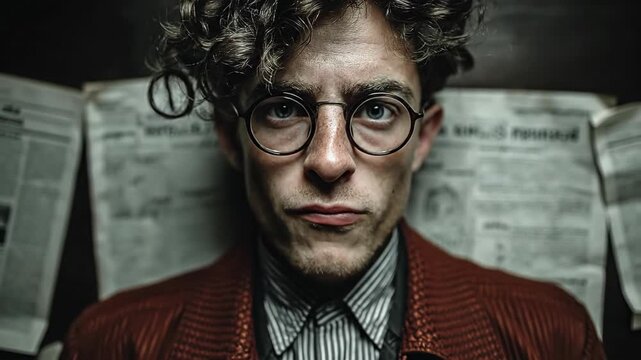 Man with curly hair and glasses showing intense expressions amid newspapers. Series of close-up facial changes in red blazer. News and journalism theme sequence.