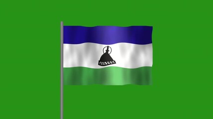 Flag of Lesotho, Pole flag of Lesotho on Green screen chroma key, Lesotho 3D Animation flag waving in the wind isolated on Green Background. 
