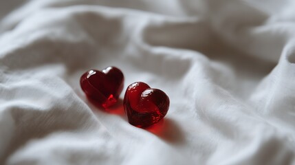 Two glossy red heart-shaped stones lie on soft, white fabric, symbolizing love and romance in a simple, elegant setup.