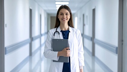 Confident young female doctor standing at hospital corridor, holding medical records, professional attire