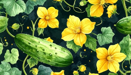 Cucumber illustration with bright yellow flowers, green leaves and tendrils on a dark background