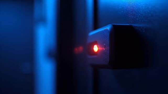 Close-up of a small, dark, square-shaped device with a red light emitting from it.