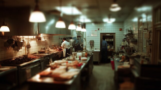 A bustling commercial kitchen with chefs preparing meals, showcasing teamwork, culinary skills, and a professional cooking environment. - Powered by Adobe