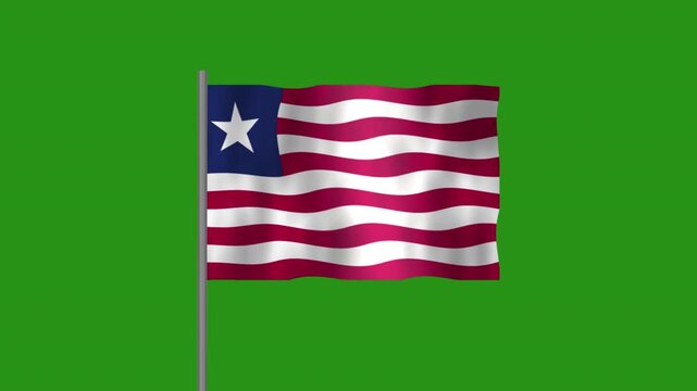 Flag of Liberia, Pole flag of Liberia on Green screen chroma key, Liberia 3D Animation flag waving in the wind isolated on Green Background. 

