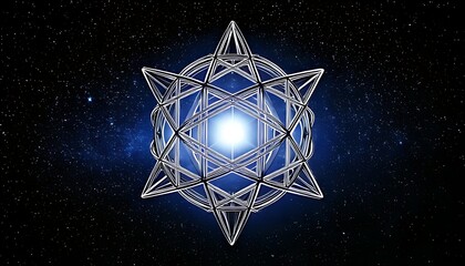 A metallic geometric form radiates light against a starry cosmos background. Intricate lines create a complex structure