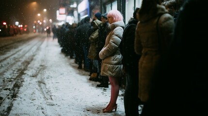 A woman with pink hair stands in a line on a snowy city street at night, wearing a light-colored coat.