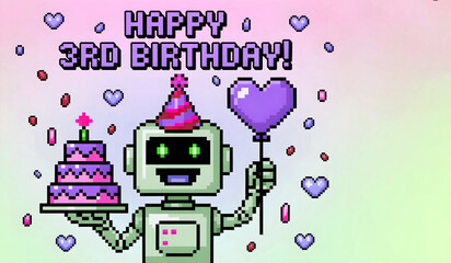 A charming pixel art robot celebrates a third birthday, wearing a striped party hat while holding a two-tiered pink cake and a large red heart balloon amidst colorful confetti