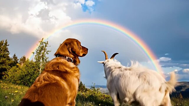 Dog and Goat Friendship Under a Beautiful Rainbow in Nature.