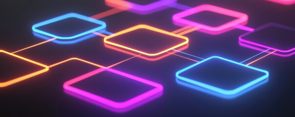 A vibrant digital illustration featuring interconnected neon squares and lines against a dark background, suggesting modern technology or data flow.