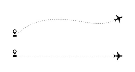Aircraft flight path background. Airplane icon vector set. Plane flying path illustration. Air travel background design with flight path pattern. Modern airplane travel pattern vector.