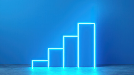 A neon blue graph displaying increasing bars on a textured floor against a solid blue background, symbolizing growth or progress.
