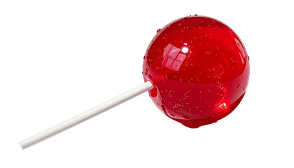 Delicious heart-shaped red swirl lollipop candy on a stick isolated on a white background for a sweet Valentine dessert