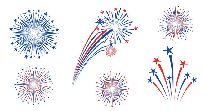 Dynamic set of red and blue firework bursts and rockets for Fourth of July celebrations and patriotic holiday events.