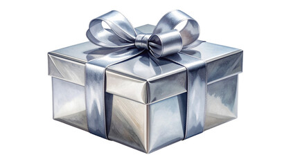 Obraz premium An isolated white and silver gift box wrapped with a red ribbon bow makes a perfect surprise package for a Christmas, birthday, or holiday celebration