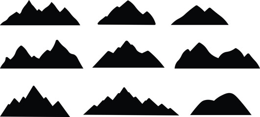 Mountain silhouette. Ridge peak, summit range or cliff massif, alpine terrain and canyon landscape. Black outline minimal mountains shape for banner border and scenic backdrop. Isolated vector set