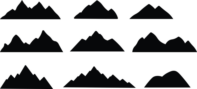 Mountain silhouette. Ridge peak, summit range or cliff massif, alpine terrain and canyon landscape. Black outline minimal mountains shape for banner border and scenic backdrop. Isolated vector set