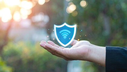 Hand displays a shield with a WiFi symbol against a blurred greenery background with bokeh spots
