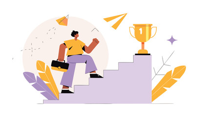 Confident businesswoman climbing to success with trophy and briefcase in hand