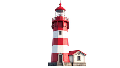 Tall, striped lighthouse with red and white paint, a lantern, and a small accompanying building