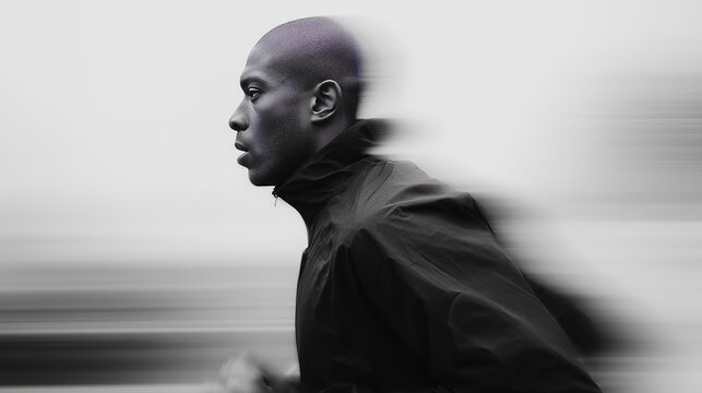 Side profile of a determined man running, captured with motion blur in a black and white photograph.