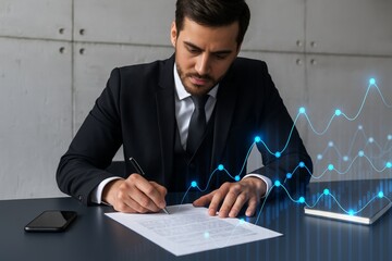 Businessman signing contract with futuristic financial chart overlay, symbolizing business growth and data-driven decision-making concept. Ai generative