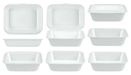 Multiple perspectives of white, rectangular, hinged food containers, open & closed