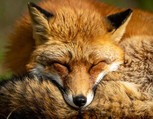 Cuddly, fluffy red fox curled up sleeping with its head resting on its tail. Peaceful