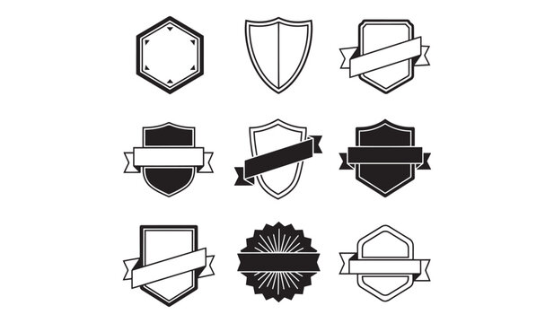Set of black and white shield and badge icons with ribbons