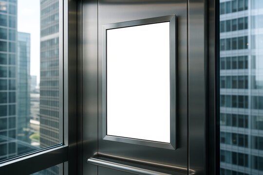 Blank advertisement screen in elevator of modern office building with city skyscrapers visible through glass wall during daytime concept. Ai generative