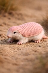 pink fairy armadillo walking on sandy desert ground unique animal